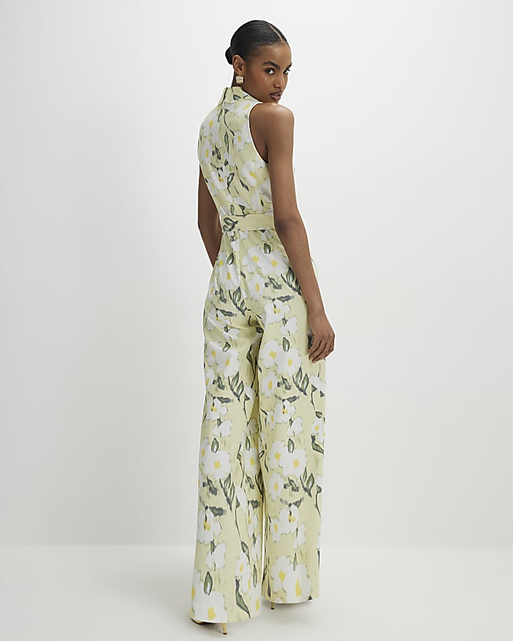 Green Floral Scallop Trim Linen Look Jumpsuit