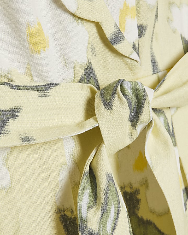 Green Floral Scallop Linen Blend Jumpsuit