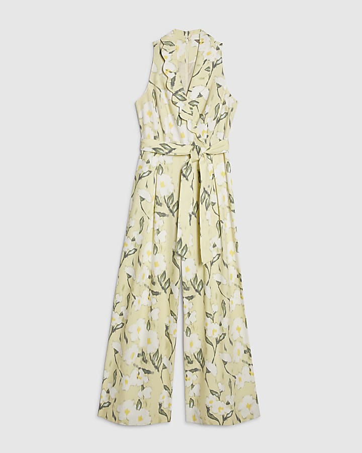 Green Floral Scallop Linen Blend Jumpsuit