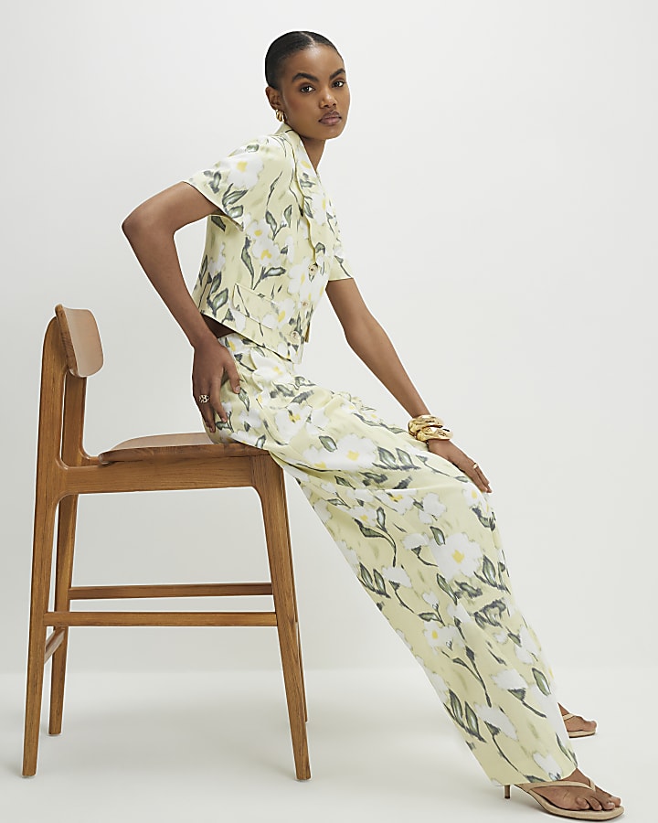 Green Floral Linen Blend Wide Leg Trousers