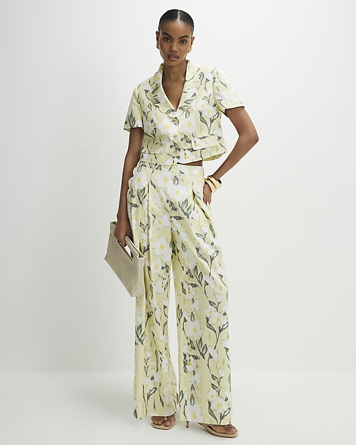 Green Floral Linen Blend Wide Leg Trousers