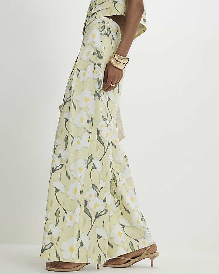 Green Floral Linen Blend Wide Leg Trousers