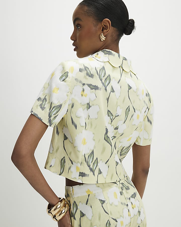 Green Linen Blend Floral Scallop Trim Jacket