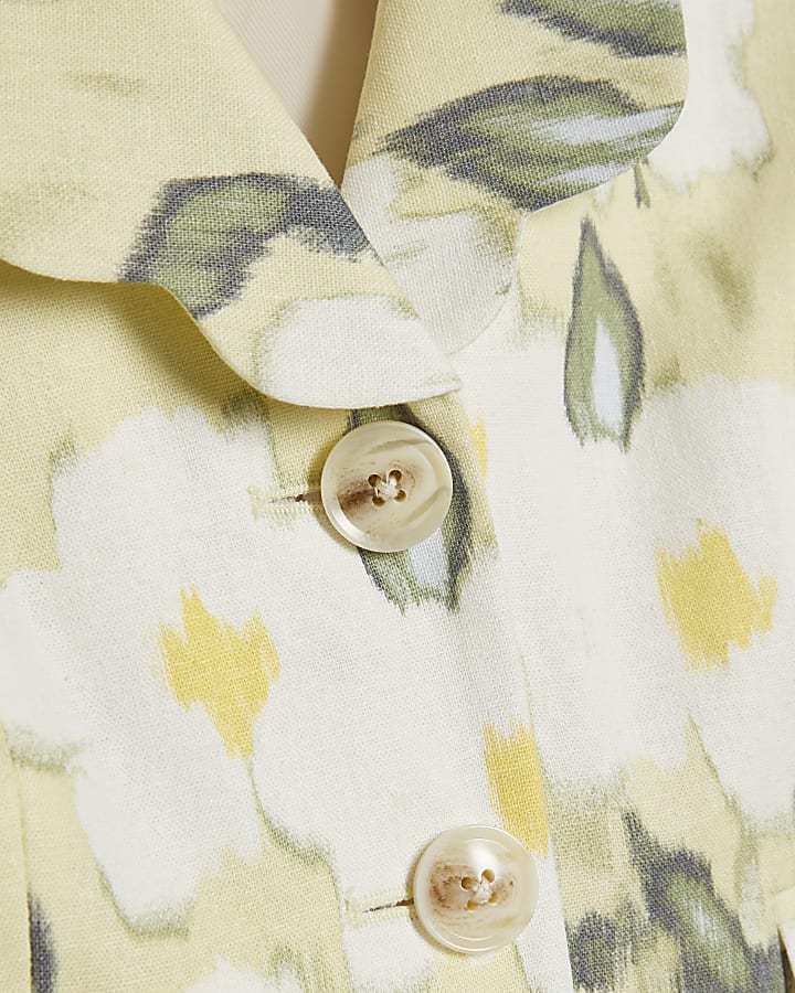 Green Linen Blend Floral Scallop Trim Jacket