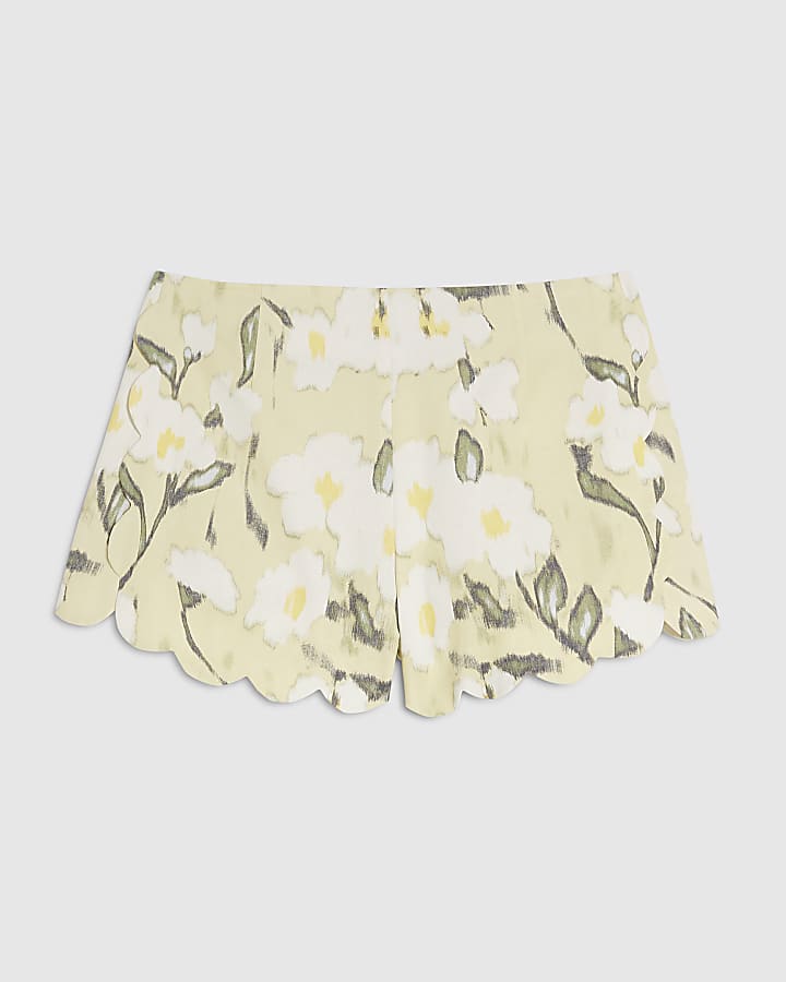 Green Floral Scallop Linen Look Shorts