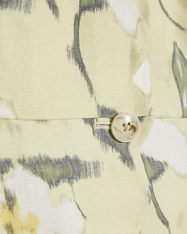 Green Floral Scalloped Linen Blend Mini Dress