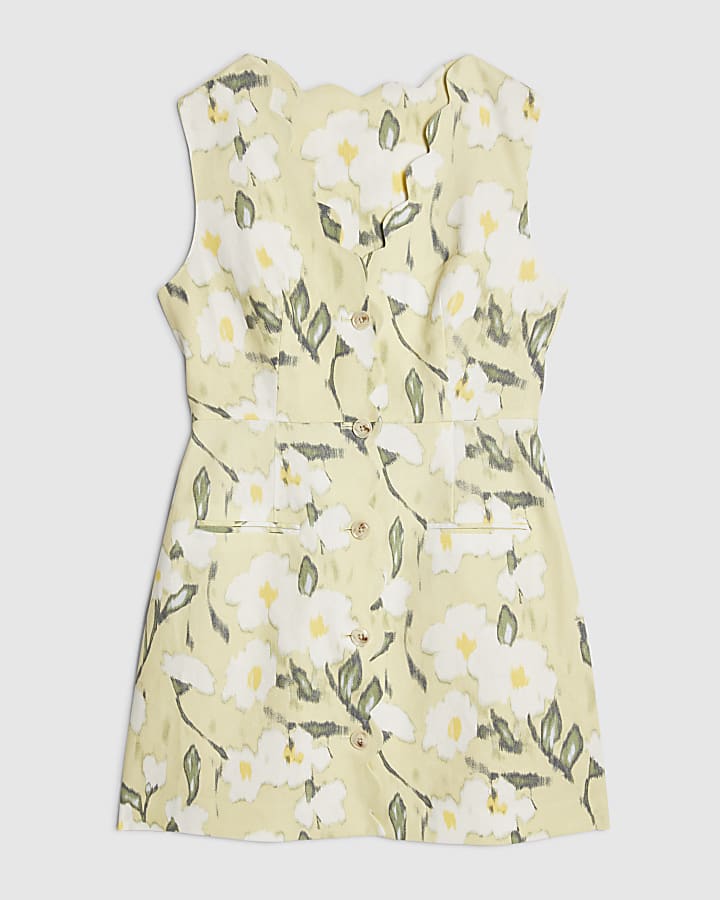 Green Floral Scalloped Linen Blend Mini Dress