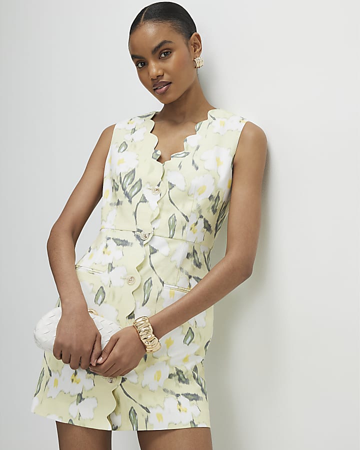 Green Floral Scalloped Linen Look Mini Dress