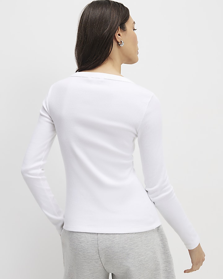 White Long Sleeve Ribbed Popper Top