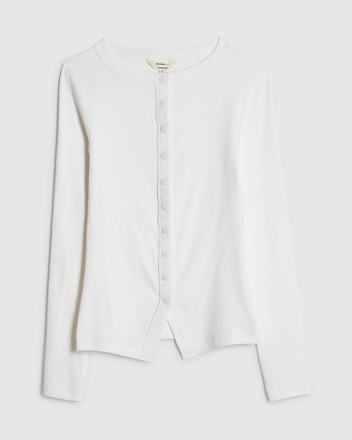 White Long Sleeve Ribbed Popper Top