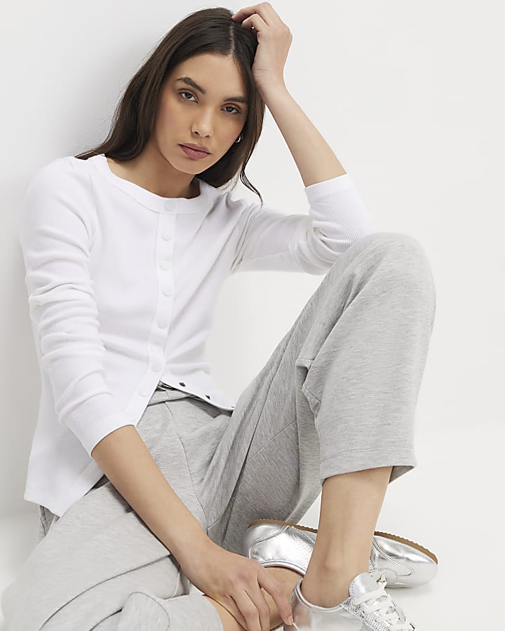 White Long Sleeve Ribbed Popper Top