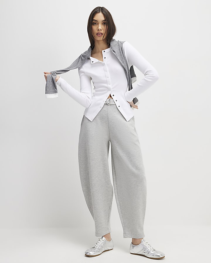 White Long Sleeve Ribbed Popper Top