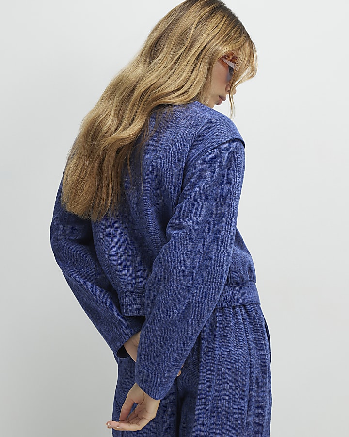 Navy Linen Look Tailored Bomber Jacket