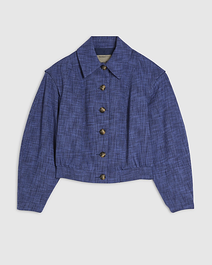 Navy Linen Look Tailored Bomber Jacket