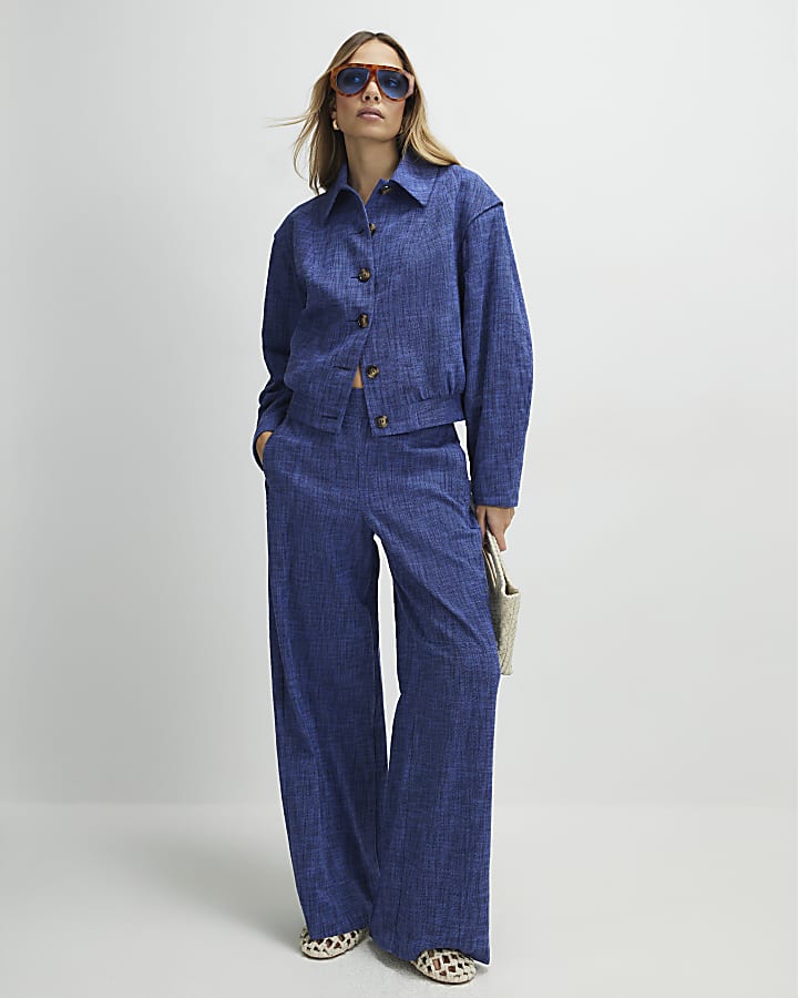 Navy Linen Look Tailored Bomber Jacket