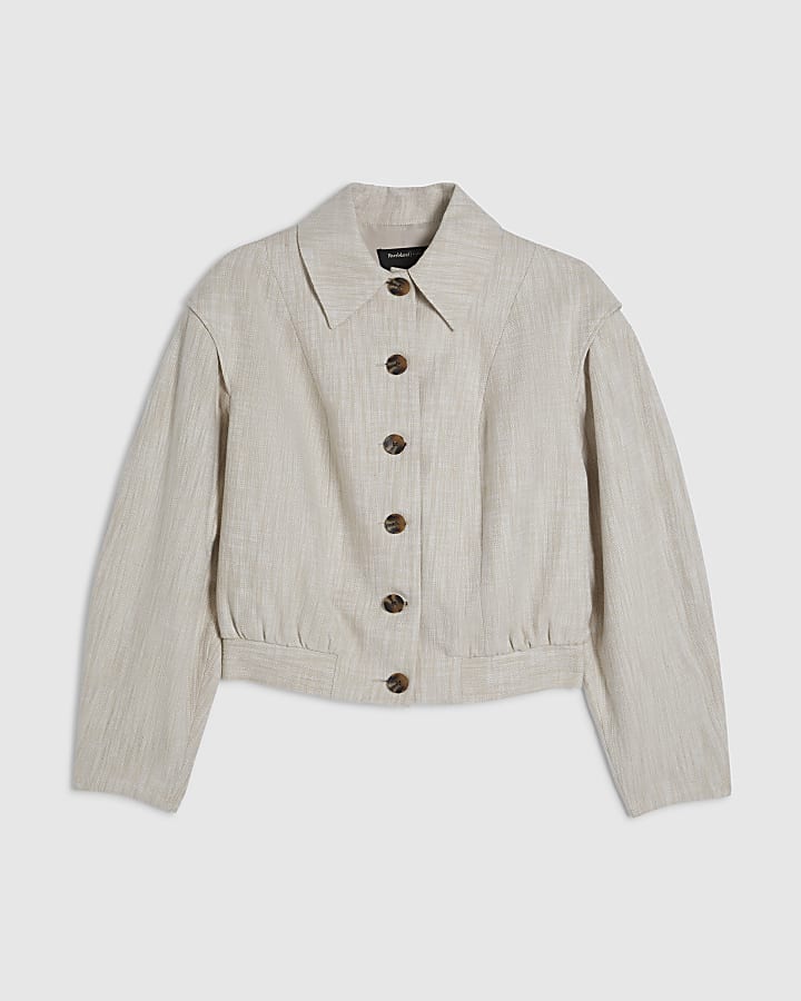 Beige Linen Look Tailored Bomber Jacket