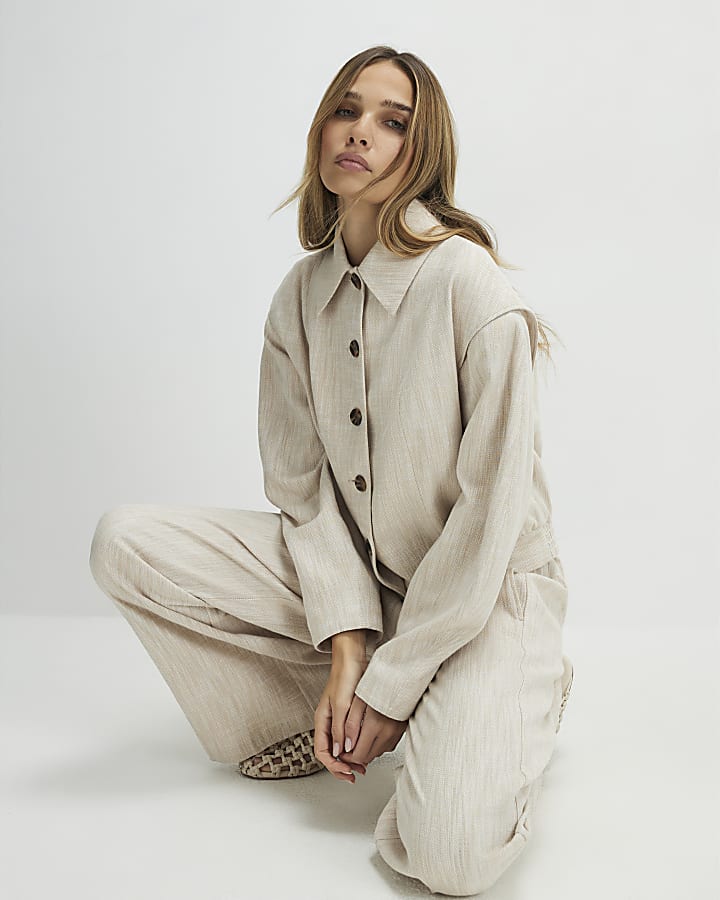 Beige Linen Look Tailored Bomber Jacket