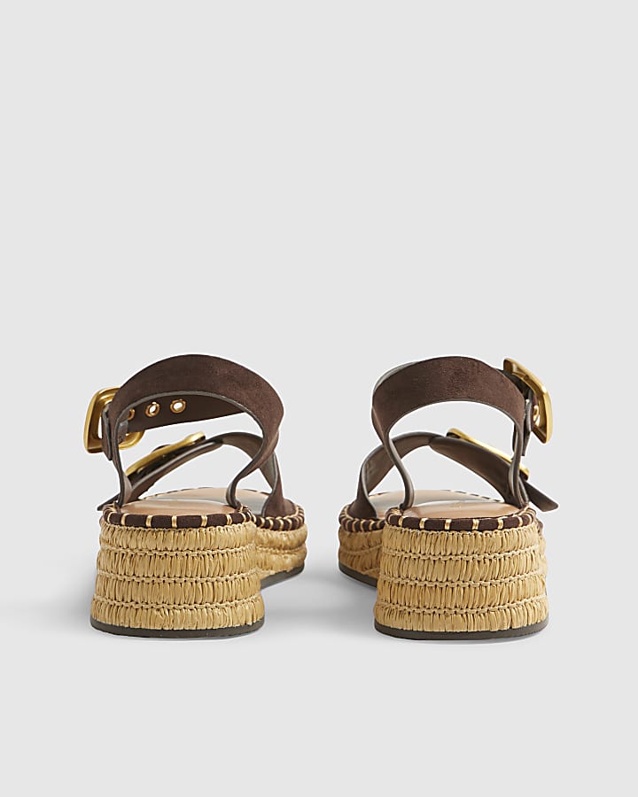 Brown Faux Suede Buckle Strap Wedge Sandals