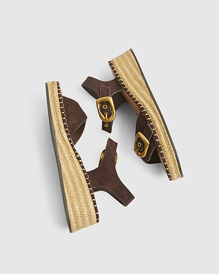 Brown Faux Suede Buckle Strap Wedge Sandals