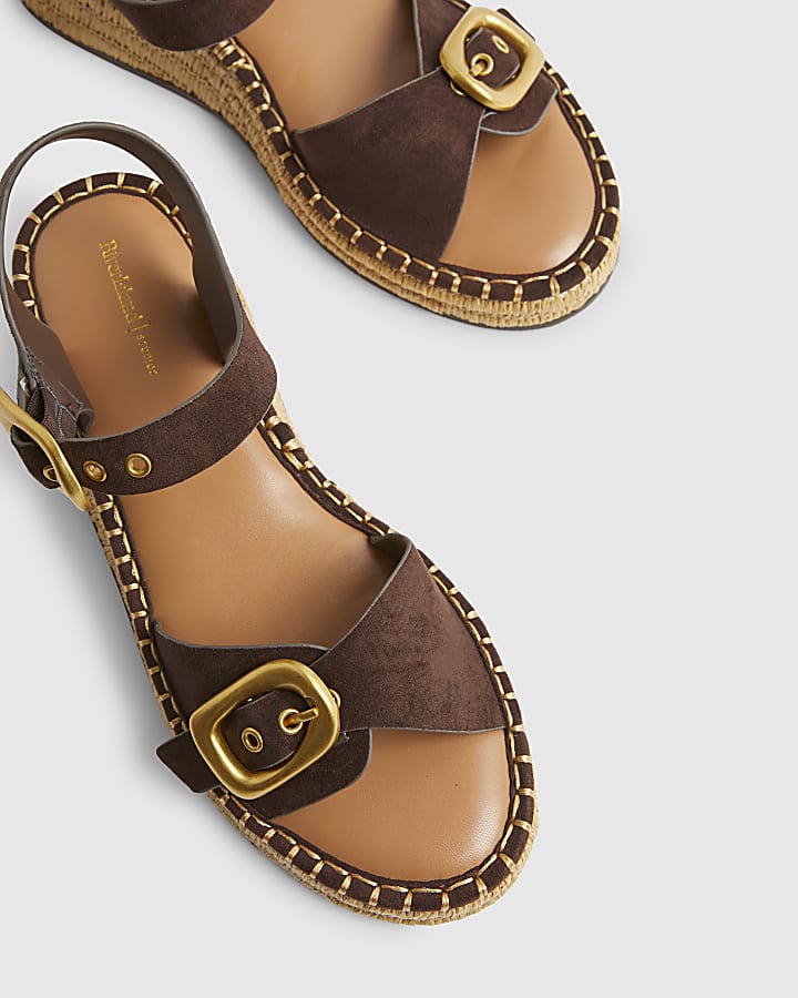 Brown Faux Suede Buckle Strap Wedge Sandals