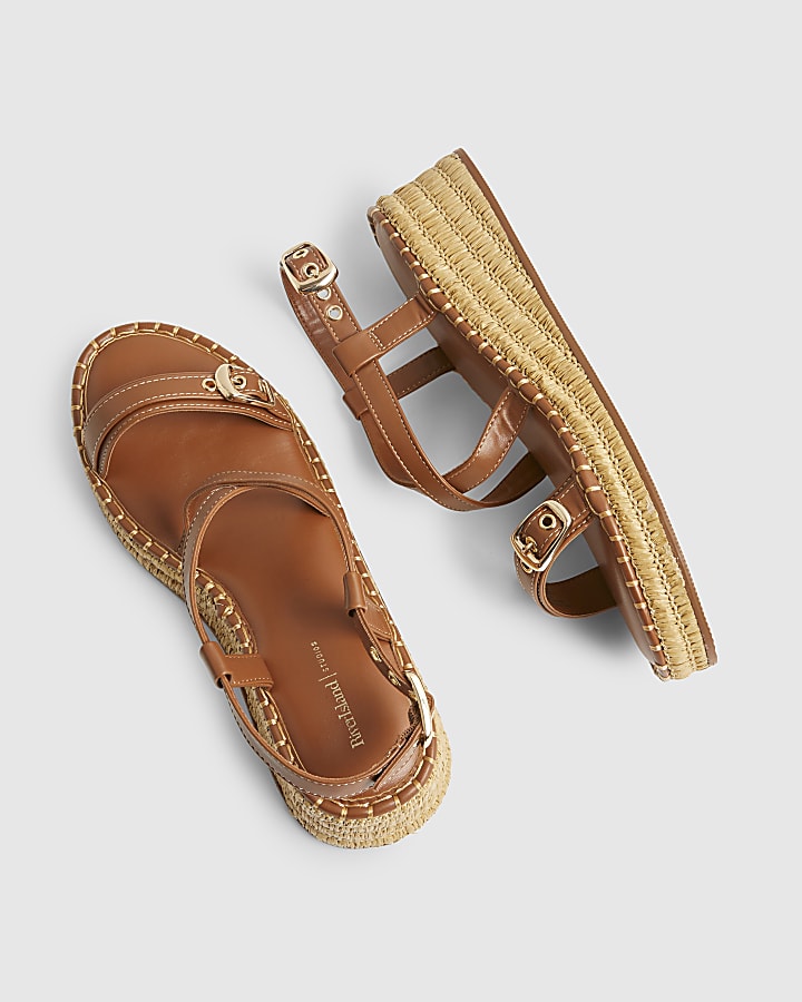 Brown Cross Strap Wedge Sandals