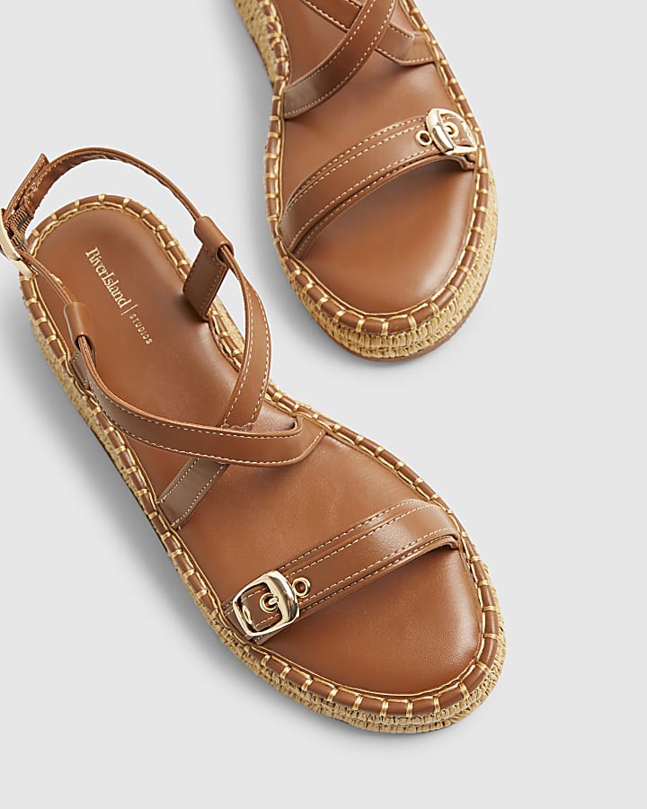 Brown Cross Strap Wedge Sandals