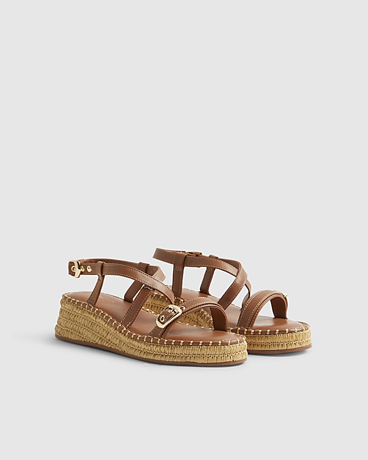 Brown Cross Strap Wedge Sandals