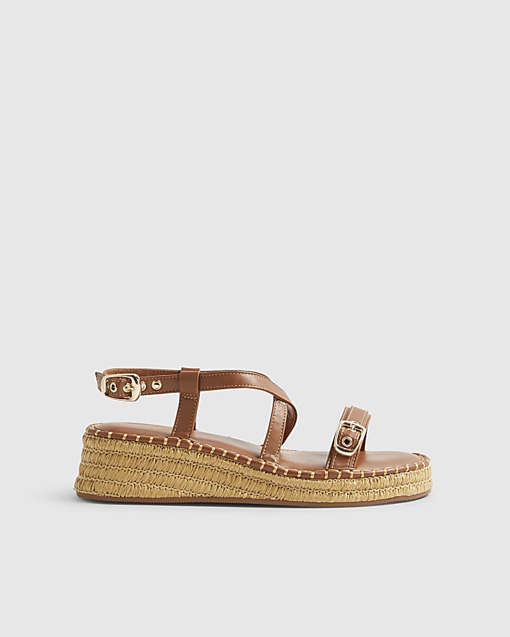 Brown Cross Strap Wedge Sandals