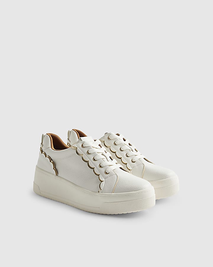 White Scallop Trim Lace Up Trainers