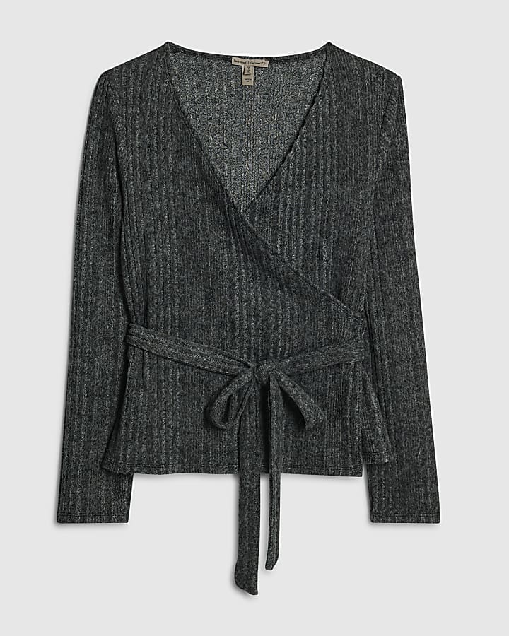 Grey Long Sleeve Cosy Ribbed Wrap Top