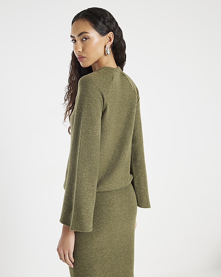 Khaki Long Sleeve Bubble Hem Cosy Ribbed Top