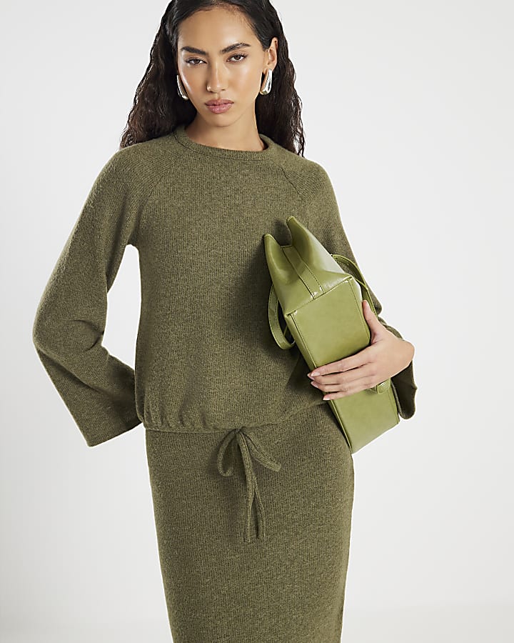 Khaki Long Sleeve Bubble Hem Cosy Ribbed Top