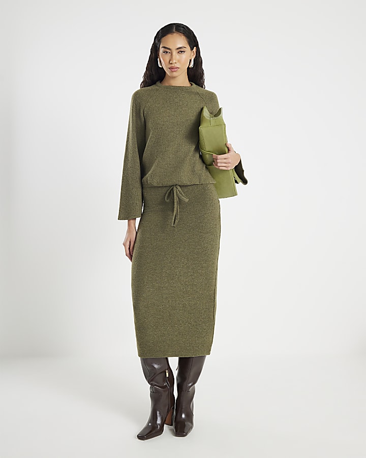 Khaki Long Sleeve Bubble Hem Cosy Ribbed Top