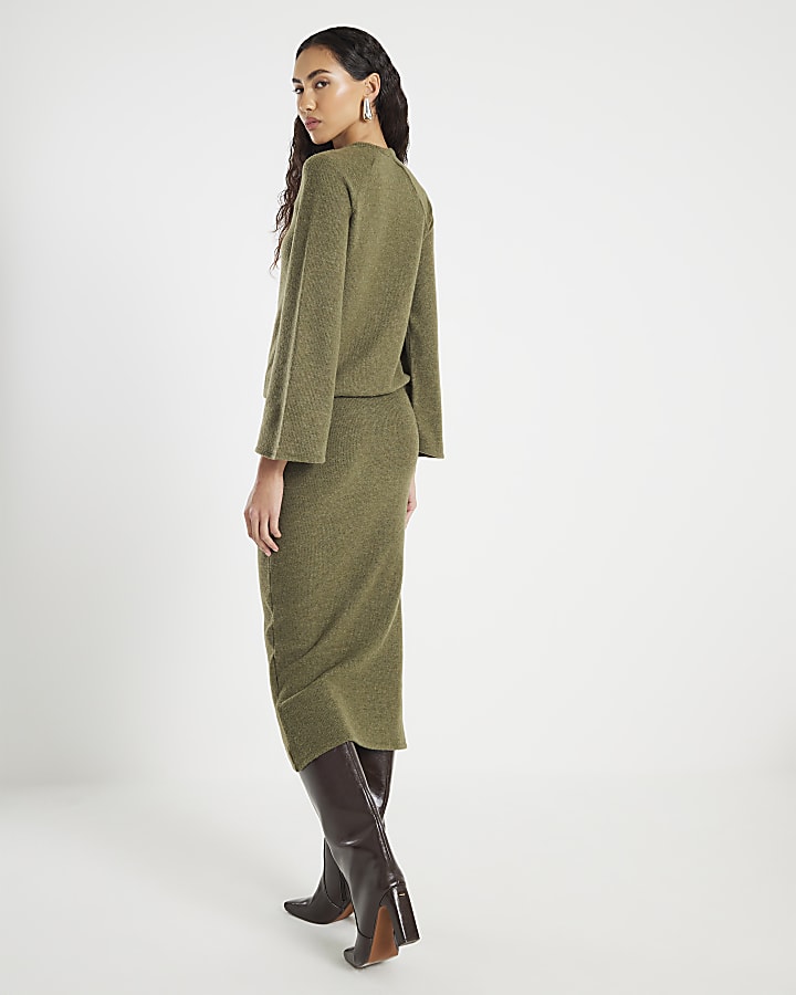 Khaki Cosy Ribbed Midi Skirt