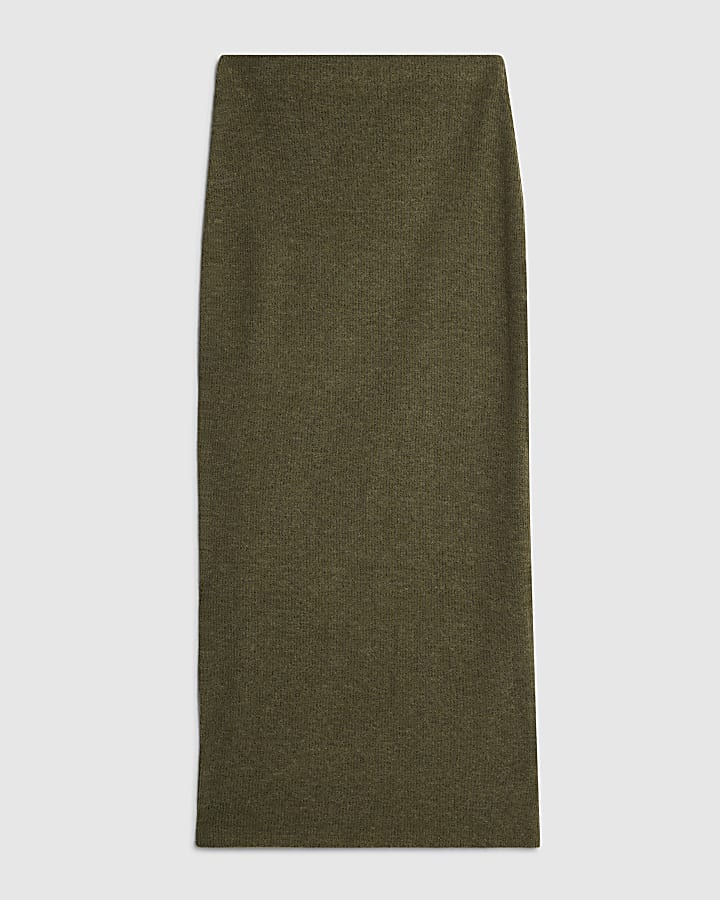 Khaki Cosy Ribbed Midi Skirt