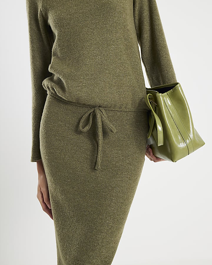 Khaki Cosy Ribbed Midi Skirt