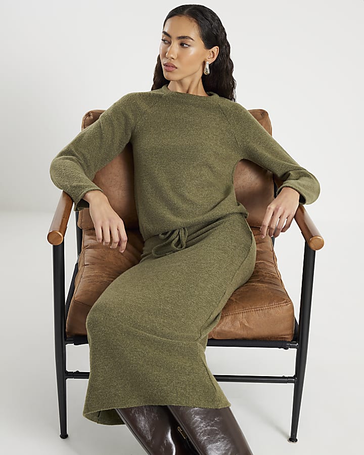 Khaki Cosy Ribbed Midi Skirt