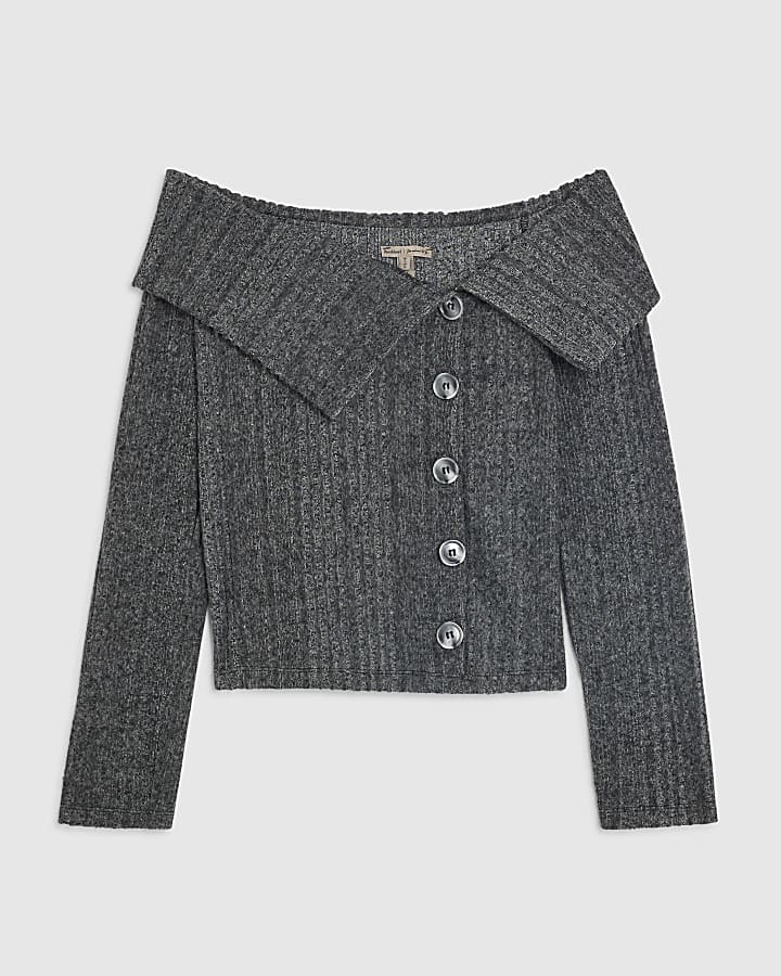 Grey Cosy Long Sleeve Button Bardot Top