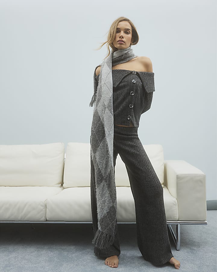 Grey Cosy Long Sleeve Button Bardot Top