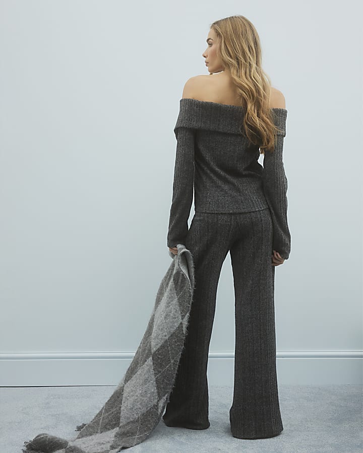 Grey Cosy Ribbed wide leg Trousers