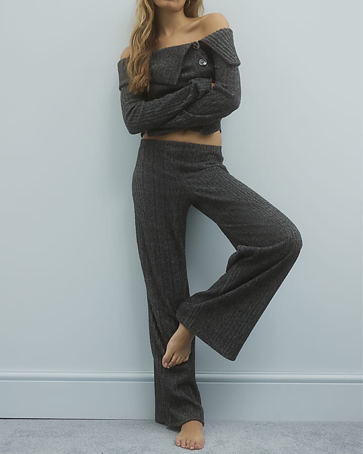 Grey Cosy Ribbed wide leg Trousers
