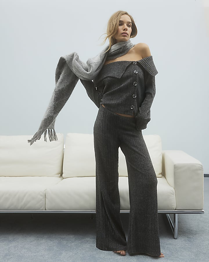 Grey Cosy Ribbed wide leg Trousers