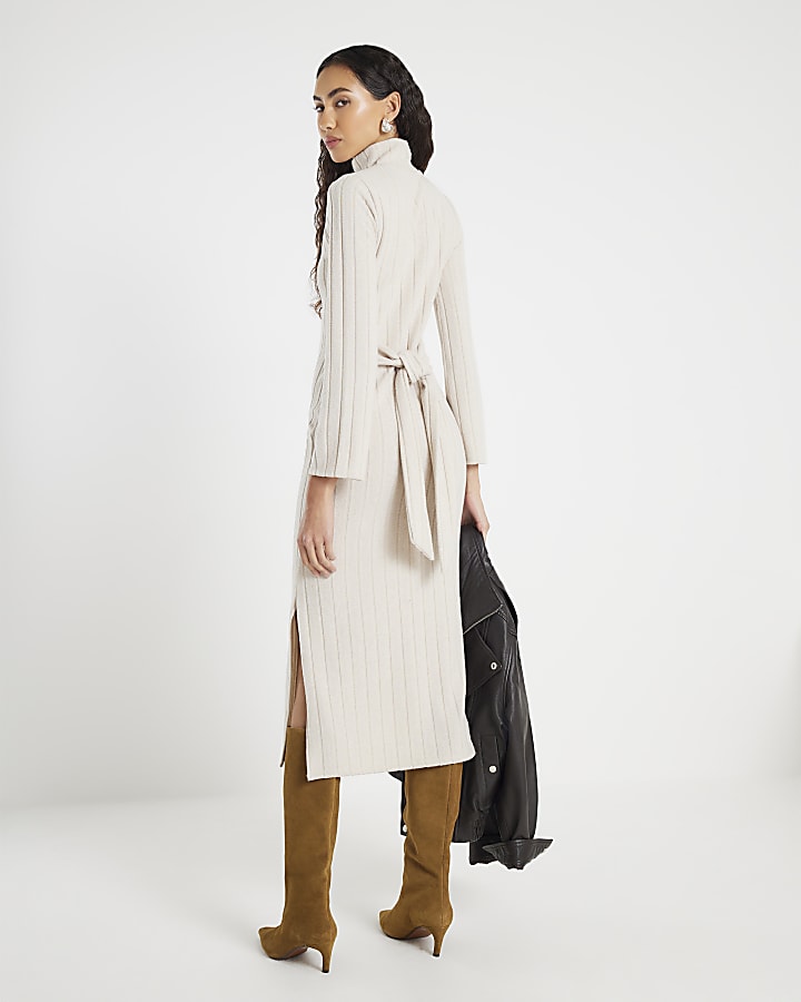 Beige Long Sleeve Cosy High Neck Belted Dress