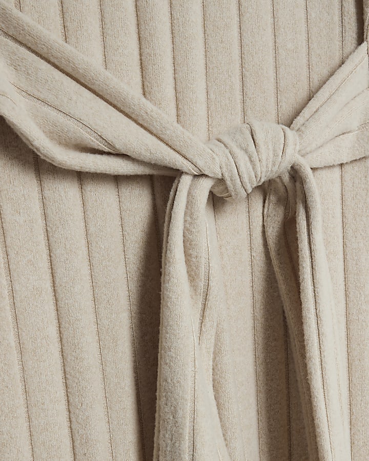 Beige Long Sleeve Cosy High Neck Belted Dress