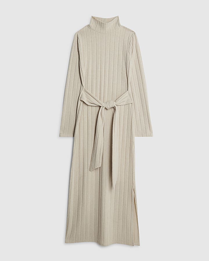 Beige Long Sleeve Cosy High Neck Belted Dress