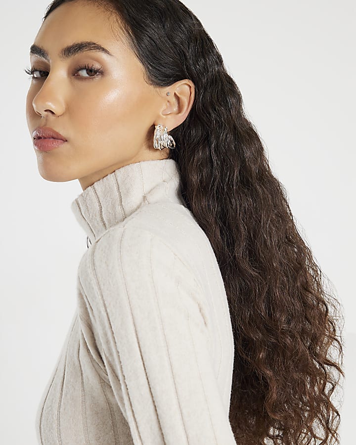 Beige Long Sleeve Cosy High Neck Belted Dress