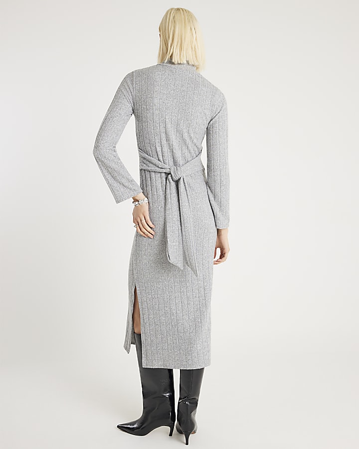 Grey Long Sleeve Cosy Belted Midi Dress