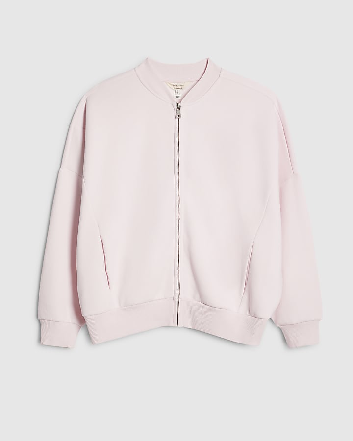 Pink Long Sleeve Zip Up Bomber Sweatshirt