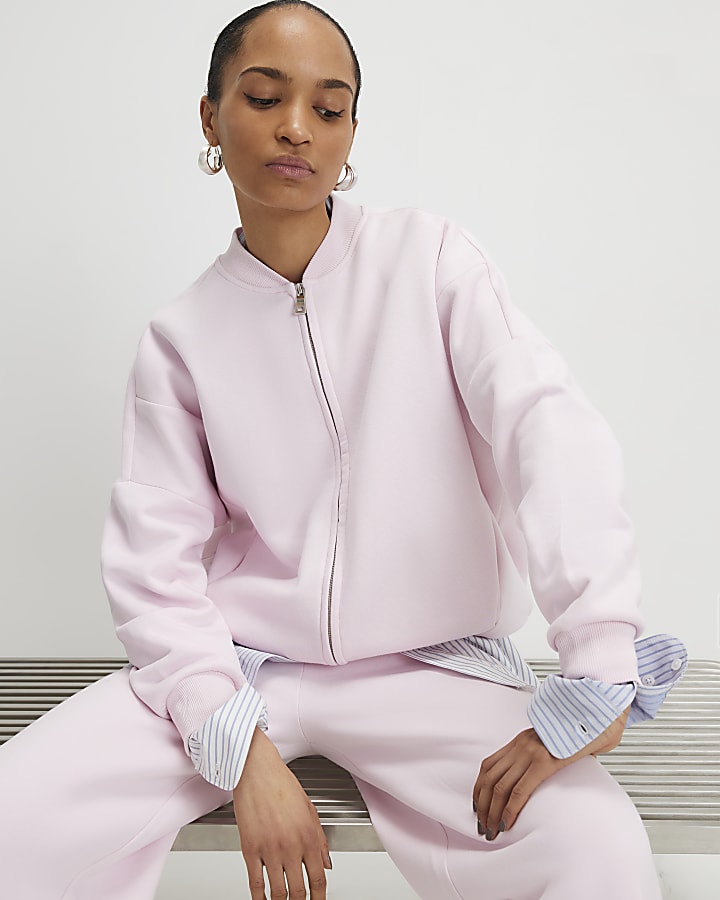 Pink Long Sleeve Zip Up Bomber Sweatshirt