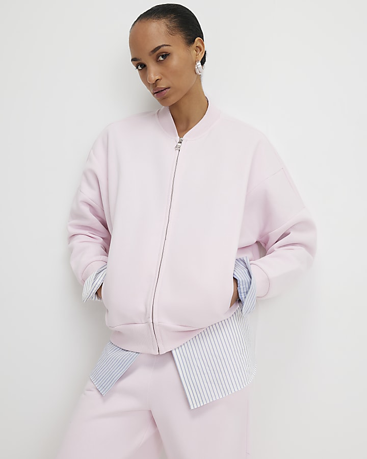 Pink Long Sleeve Zip Up Bomber Sweatshirt